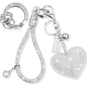 🆕Viflin Women Silver Crystal Keychain Set Rhinestone Heart-shaped Tassel Gifts
